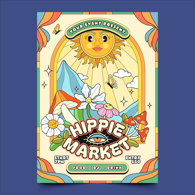 Gratis vector plat ontwerp hippie markt poster sjabloon