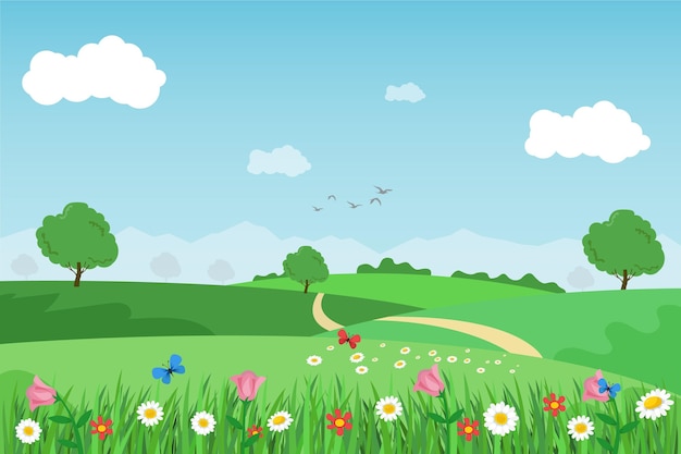 Gratis vector plat ontwerp lente landschap geïllustreerd