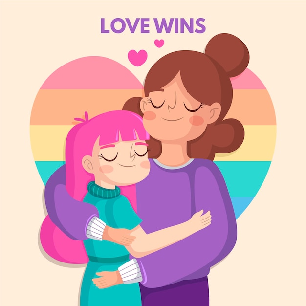 Plat ontwerp lesbisch koppel met lgbt-vlag geïllustreerd