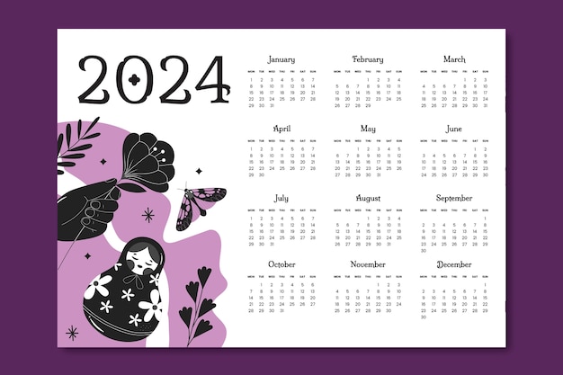 Plat paars en zwart 2024 kalendersjabloon