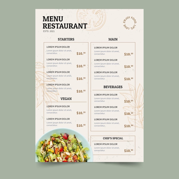 Plat rustiek veganistisch restaurantmenu met foto