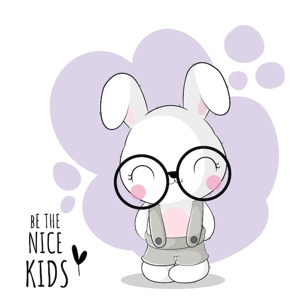 Plat schattig dierlijk konijntje met glazen illustratie voor kinderen. Schattig konijntje karakter