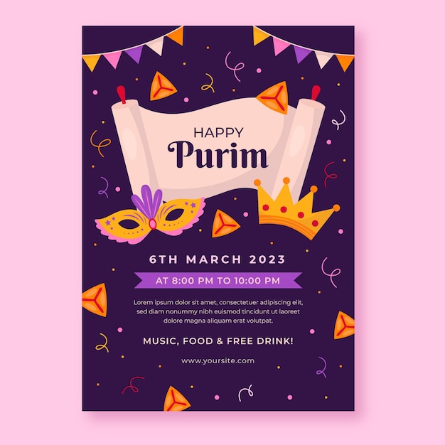 Gratis vector plat verticaal flyer-sjabloon voor purim-viering