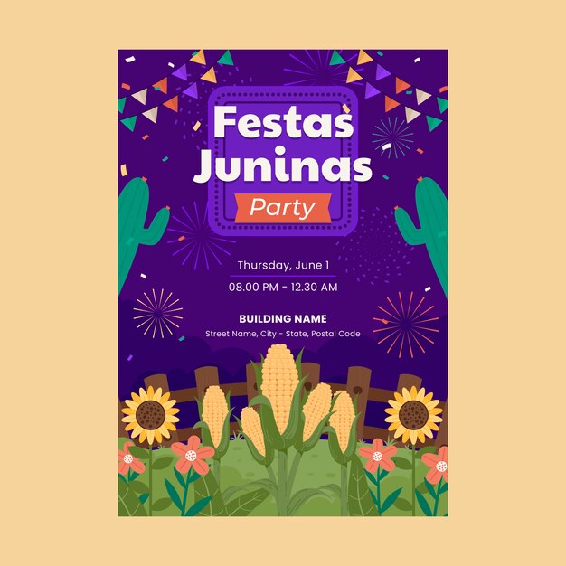 Plat verticaal postersjabloon voor de viering van braziliaanse fetas juninas