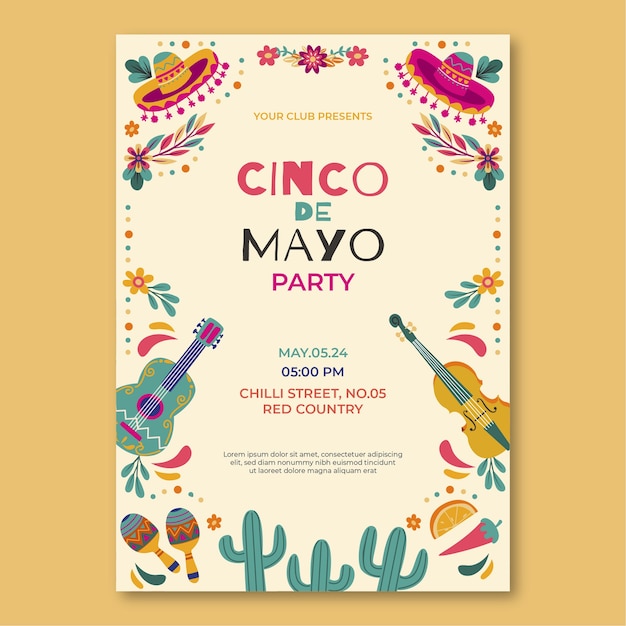 Plat verticaal postersjabloon voor de viering van cinco de mayo