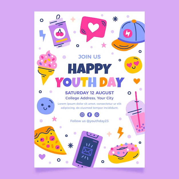 Gratis vector plat verticaal postersjabloon voor de viering van de internationale jeugddag