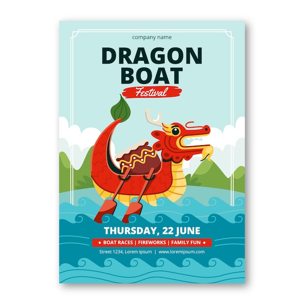 Gratis vector plat verticaal postersjabloon voor de viering van het chinese drakenbootfestival