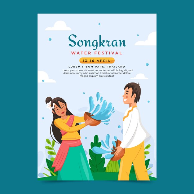 Plat verticaal postersjabloon voor de viering van het songkran-waterfestival