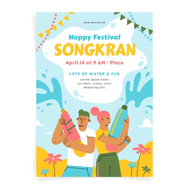 Plat verticaal postersjabloon voor de viering van het songkran-waterfestival