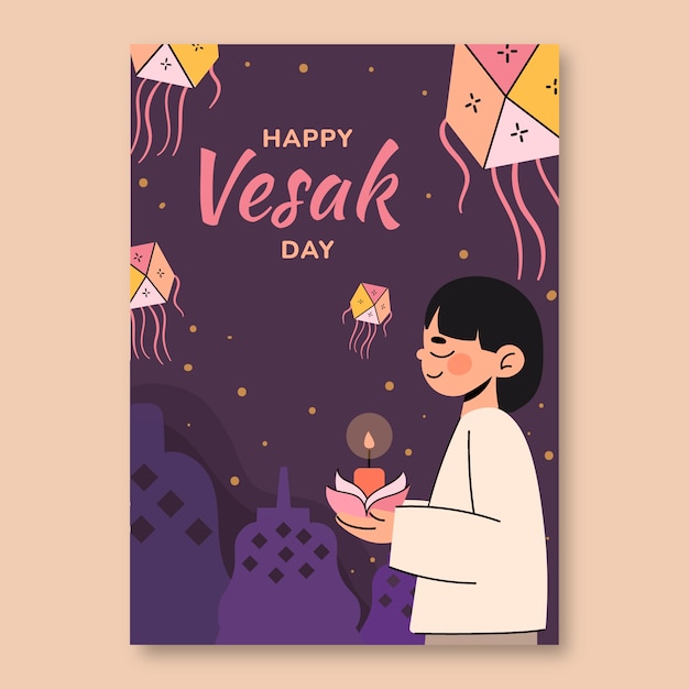 Gratis vector plat verticaal postersjabloon voor de viering van het vesak-festival