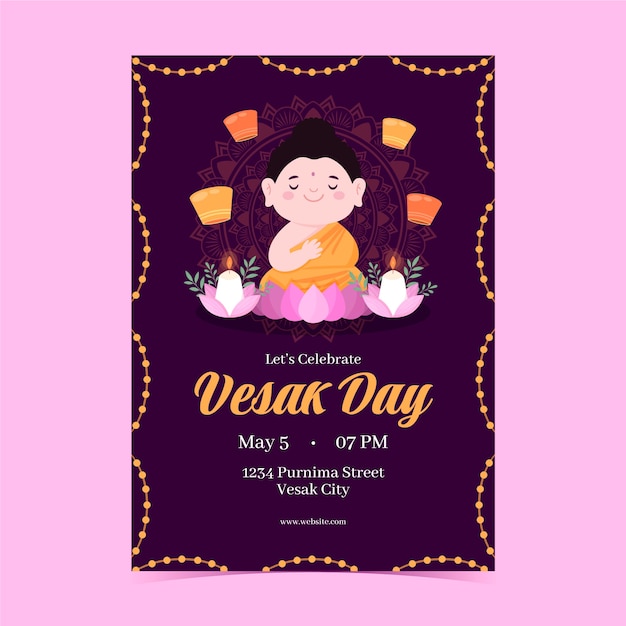 Gratis vector plat verticaal postersjabloon voor de viering van het vesak-festival