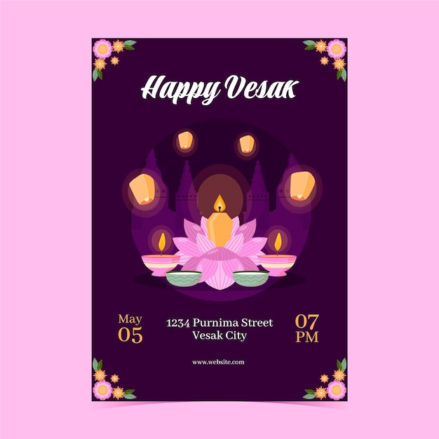 Gratis vector plat verticaal postersjabloon voor de viering van het vesak-festival