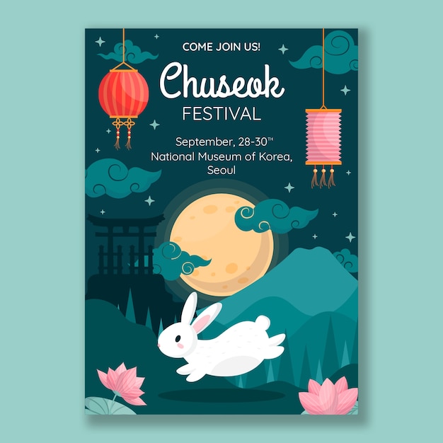 Gratis vector plat verticaal postersjabloon voor de viering van het zuid-koreaanse chuseok-festival