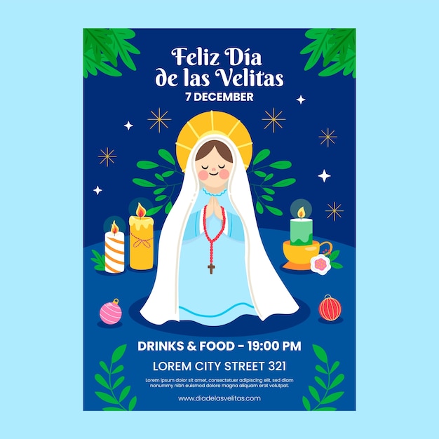 Plat verticaal postersjabloon voor dia de las velitas-viering met kaarsen en maagd maria