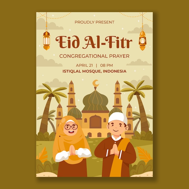 Gratis vector plat verticaal postersjabloon voor islamitische eid al-fitr-viering
