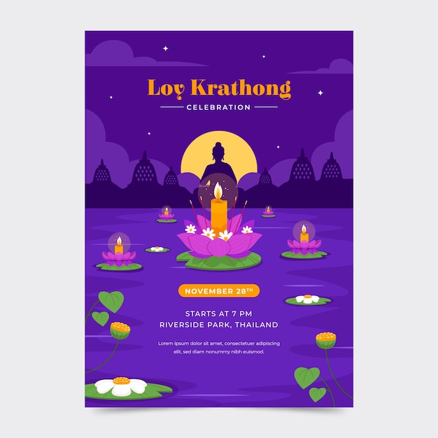 Gratis vector plat verticaal postersjabloon voor loy krathong-viering met kaarsen op lotusbloemen