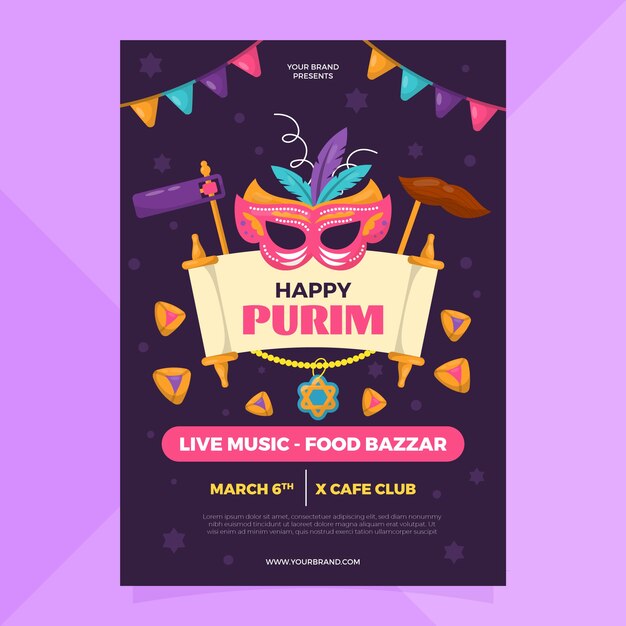 Plat verticaal postersjabloon voor purim-vakantie