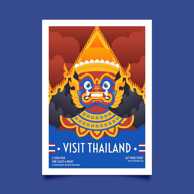 Gratis vector plat verticaal postersjabloon voor reizen naar thailand