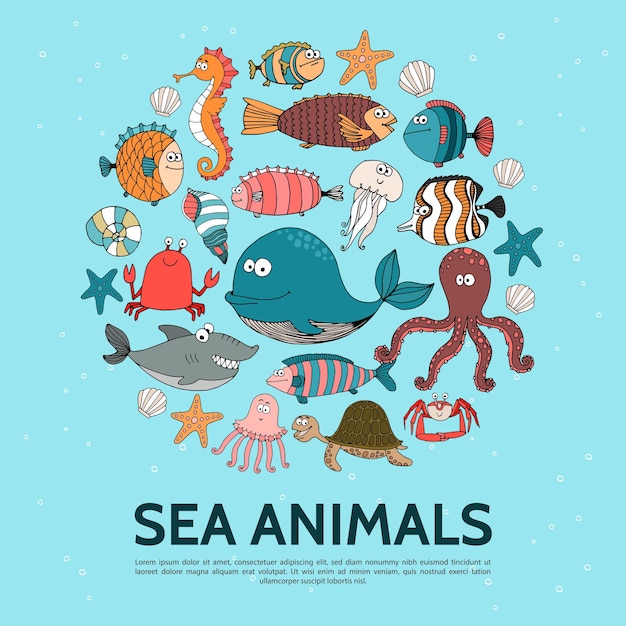 Gratis vector plat zeeleven ronde concept met walvis seahorse vis schildpad krab kreeft zeester kwallen haai octopus illustratie