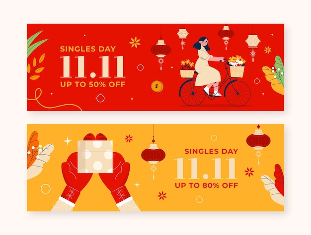 Gratis vector platte 11.11 singles' day horizontale banners set