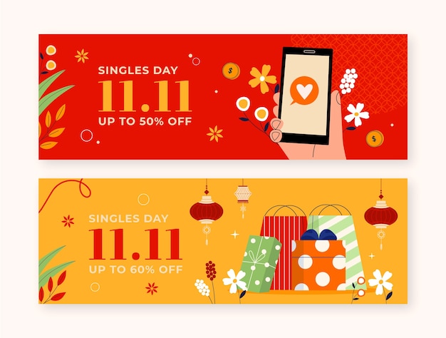 Gratis vector platte 11.11 singles' day horizontale banners set