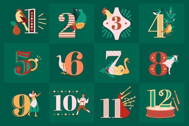 Gratis vector platte 12 dagen kerstillustratie