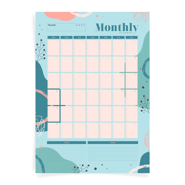 Gratis vector platte 2023 maandelijkse planner kalendersjabloon