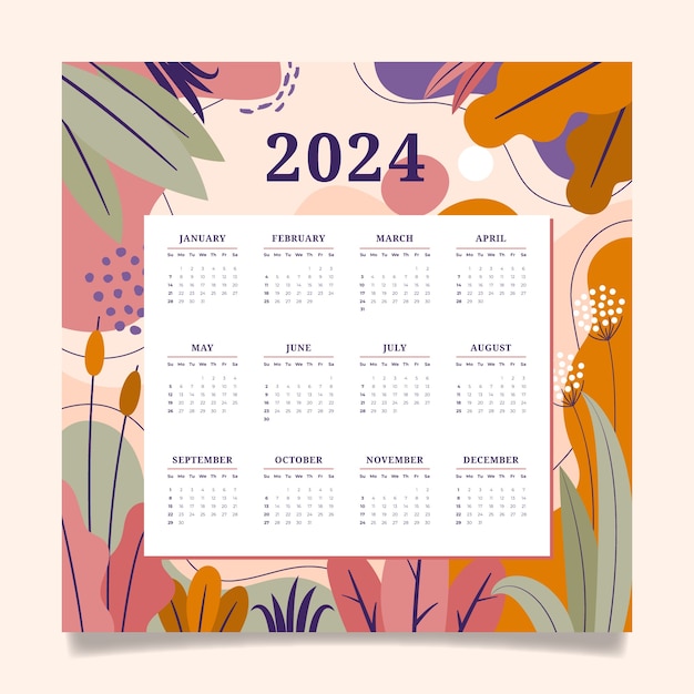 Gratis vector platte 2024 kalendersjabloon met bladeren