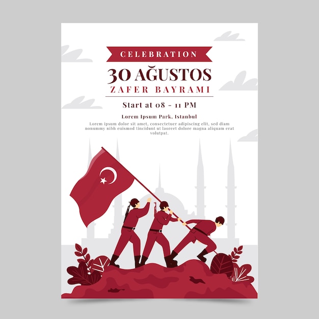 Gratis vector platte 30 agustos postersjabloon met soldaten die vlag vasthouden