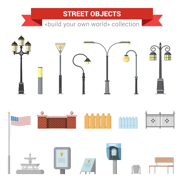 Platte 3d hoogwaardige stad straat stedelijke objecten icon set. straatverlichting, stadslicht, hek, amerikaanse vlag, fontein, bord, straattelefoon, bankje. bouw je eigen verzameling infographics van het wereldweb.