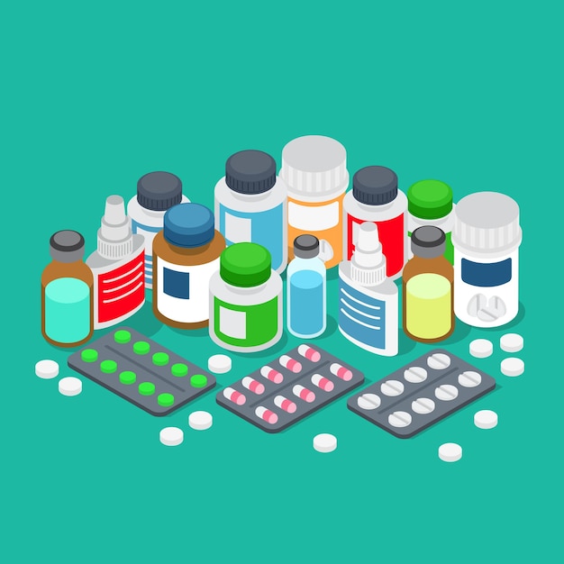 Gratis vector platte 3d isometrische farmacie apotheek drogisterij