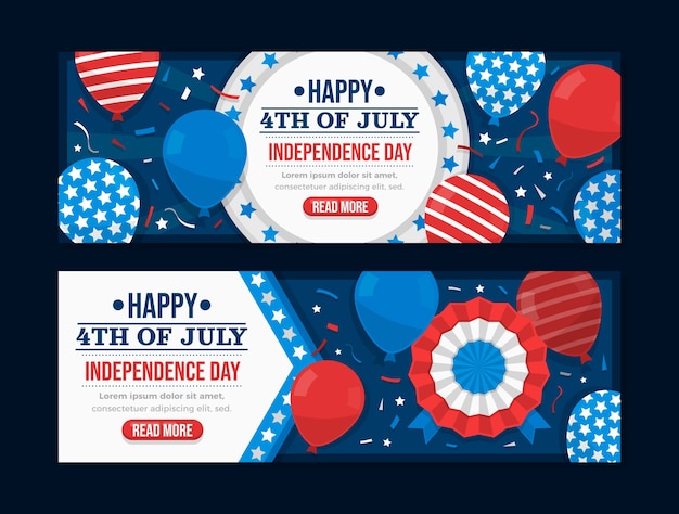 Gratis vector platte 4 juli horizontale banners met ballonnen