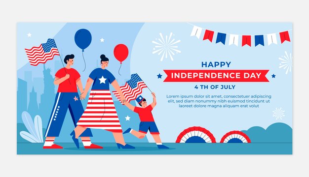 Platte 4 juli horizontale bannersjabloon met mensen en ballonnen