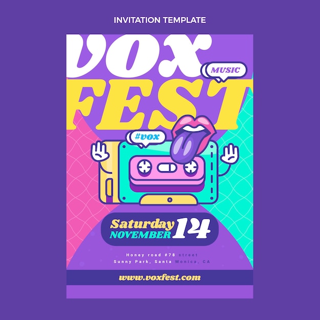 Gratis vector platte 90s nostalgische muziekfestivaluitnodiging