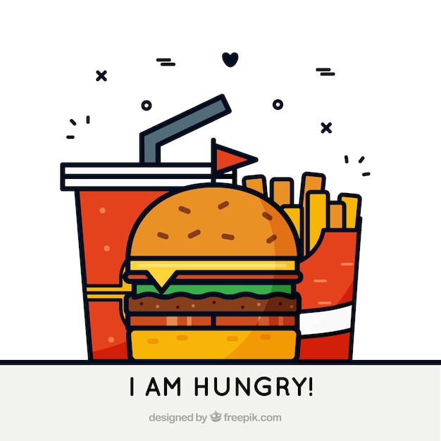 Gratis vector platte achtergrond met hamburger, drank en frieten