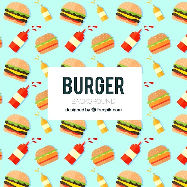 Gratis vector platte achtergrond met hamburgers en sauzen