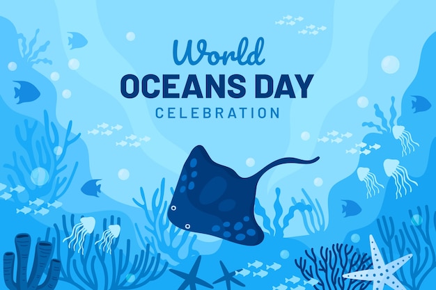 Gratis vector platte achtergrond voor de viering van de wereld oceanen dag