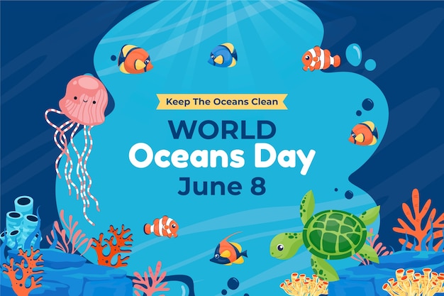 Gratis vector platte achtergrond voor de viering van de wereld oceanen dag