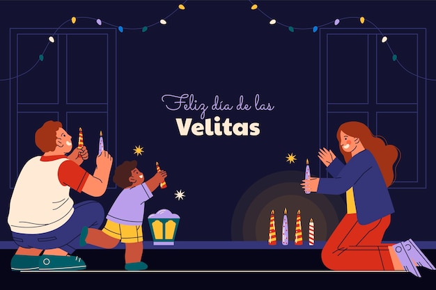 Gratis vector platte achtergrond voor dia de las velitas feest met kaarsen en mensen