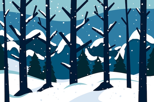 Platte achtergrond voor het winterseizoen met bomen en sneeuw