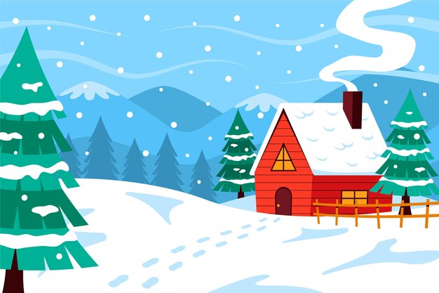 Platte achtergrond voor het winterseizoen met huis en bomen