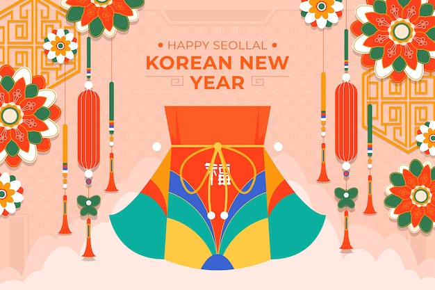 Gratis vector platte achtergrond voor koreaanse seollal vakantie