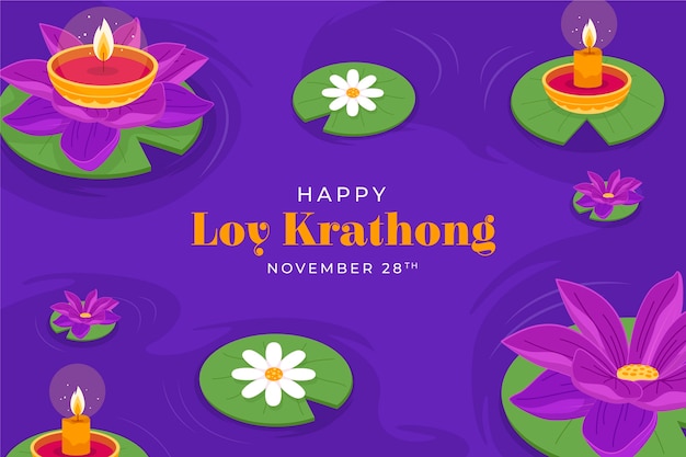 Gratis vector platte achtergrond voor loy krathong feest met kaarsen op lotusbloemen