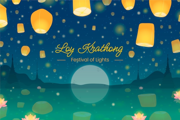 Gratis vector platte achtergrond voor loy krathong thai festivalviering