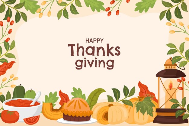 Gratis vector platte achtergrond voor thanksgiving-feest met eten en lantaarn