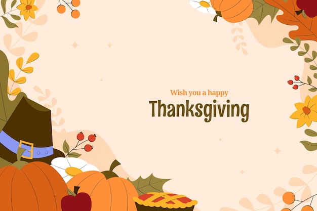 Gratis vector platte achtergrond voor thanksgiving-feest met gesphoed en bladeren