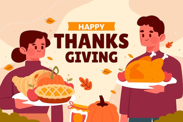 Gratis vector platte achtergrond voor thanksgiving-feest met mensen en eten