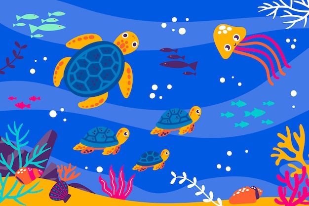 Gratis vector platte achtergrond voor wereld oceanen dag met waterwezens