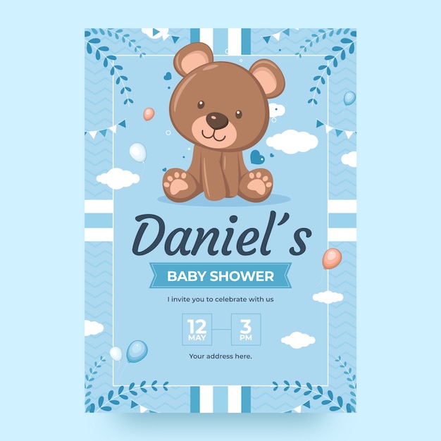 Gratis vector platte babyshower voor jongensuitnodigingssjabloon