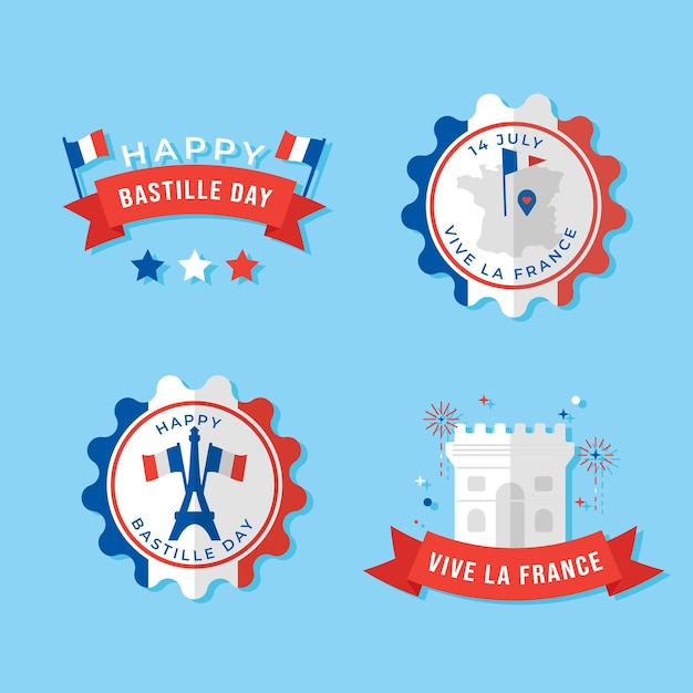 Gratis vector platte bastille dag badge-collectie